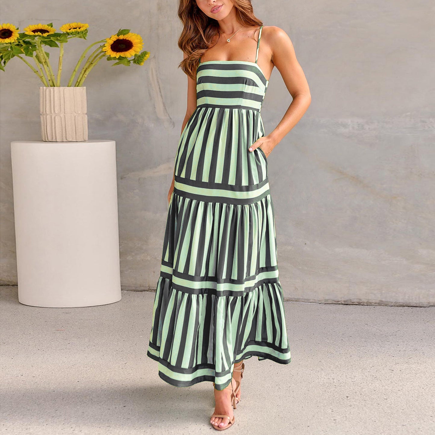 Gestreepte Zomerse Jurk met Zakken Dames