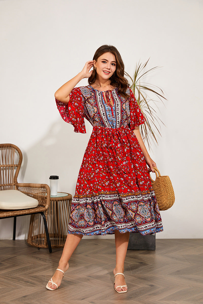 Zomerse V-hals print strandjurk