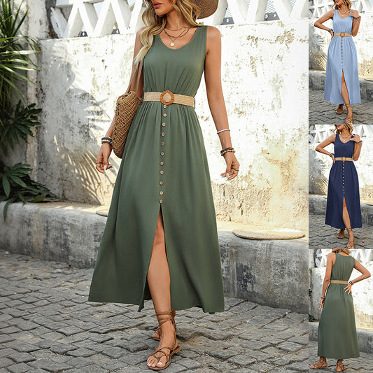 Mouwloze Split Zomerjurk met Knopen